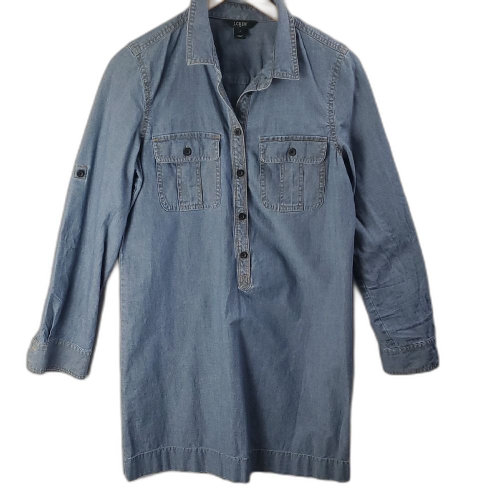 J Crew Denim Roll Up Long Sleeve Chambray Shirt Dress  Boho Country Western Sz S